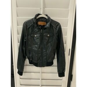 Miss Posh Womens Black Faux Leather Bomber Jacket Moto Style Zip Up Size S